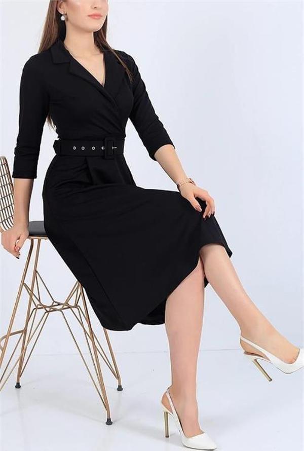 Dip Moda kadını gömlek yaka kemerli örme elbise DP0016 - Image 1