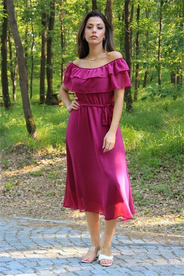 Dip Moda Kadın bağlama detaylı madonna yaka yeni sezon şifon elbise DP8060 - Image 1