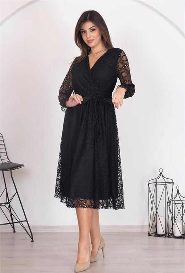 Dip Moda kadın siyah kuşaklı kruvaze yaka astarlı dantel elbise RSSN31 - Image 1