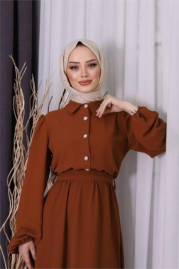 Dip Moda kadın düğme detaylı ithal kumaş tesettür elbise SMS003 - Image 1