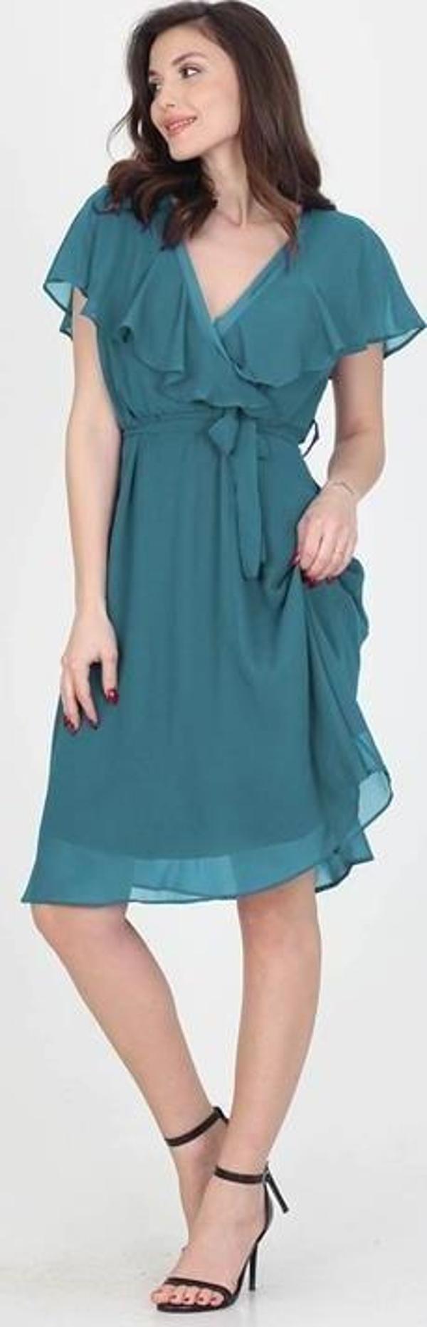 Dip Moda kadın petrol astarlı kol dekolteli şifon elbise DP8081 - Image 1