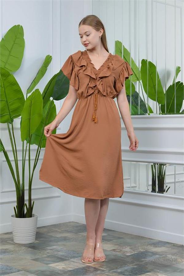 Dip Moda kadın yaka ve kolları fırfırlı bağlama detaylı ayrobin elbise DP10050 - Image 1