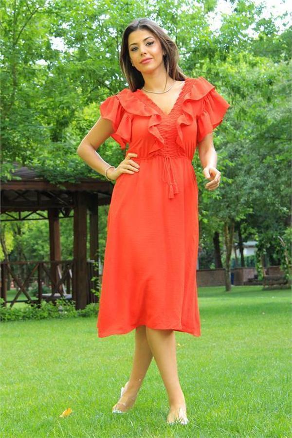 Dip Moda kadın turuncu yaka ve kolları fırfırlı bağlama detaylı ayrobin elbise DP10050 - Image 1