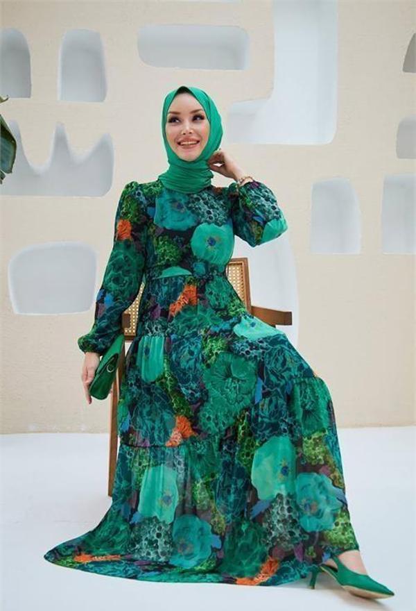 Dip Moda kadın yeşil kemerli tesettür şifon elbise SMS025 - Image 1