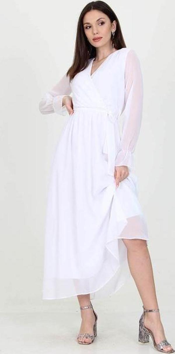 Dip Moda Kadın Beyaz Yeni Sezon Astarlı Kruvaze Yaka Uzun Şifon Elbise DP003 - Image 1