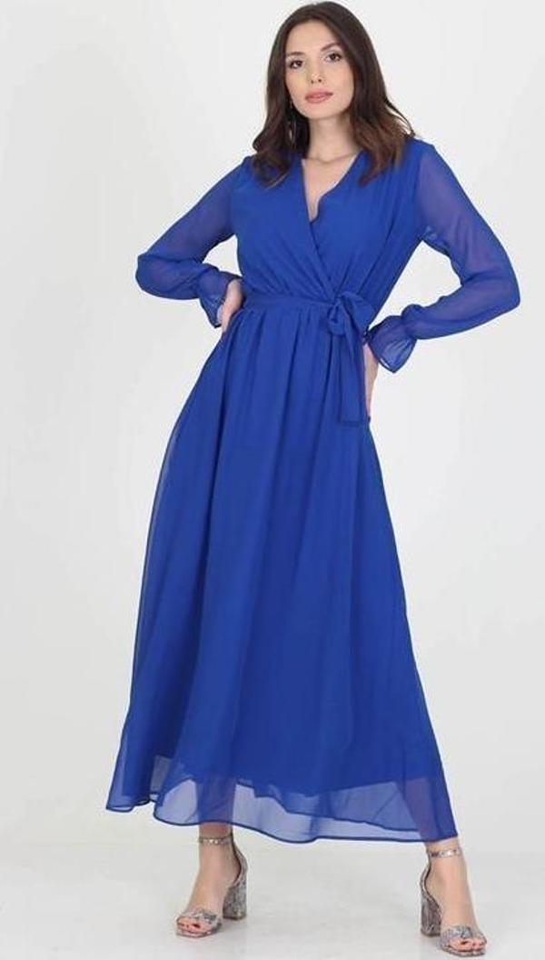 Dip Moda Kadın Yeni Sezon Astarlı Kruvaze Yaka Uzun Şifon Elbise DP003 - Image 1