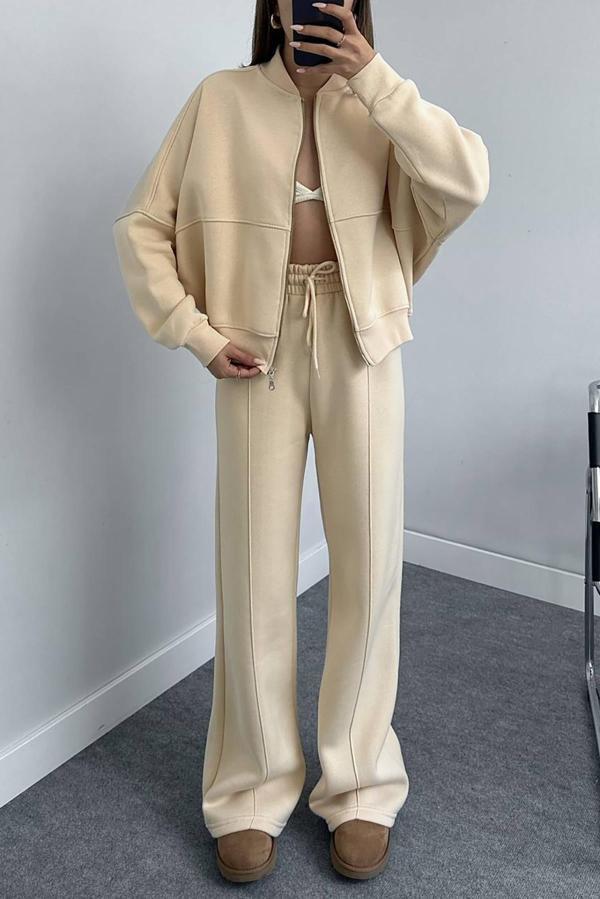 Dip Moda kadın şardonlu üç iplik eşofman takımı GTS018 - Bej - Image 1