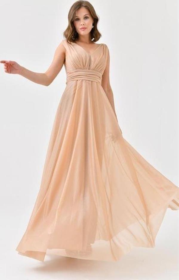 Dip Moda kadın gold v yaka simli tül abiye elbise DPS9223 - Image 1