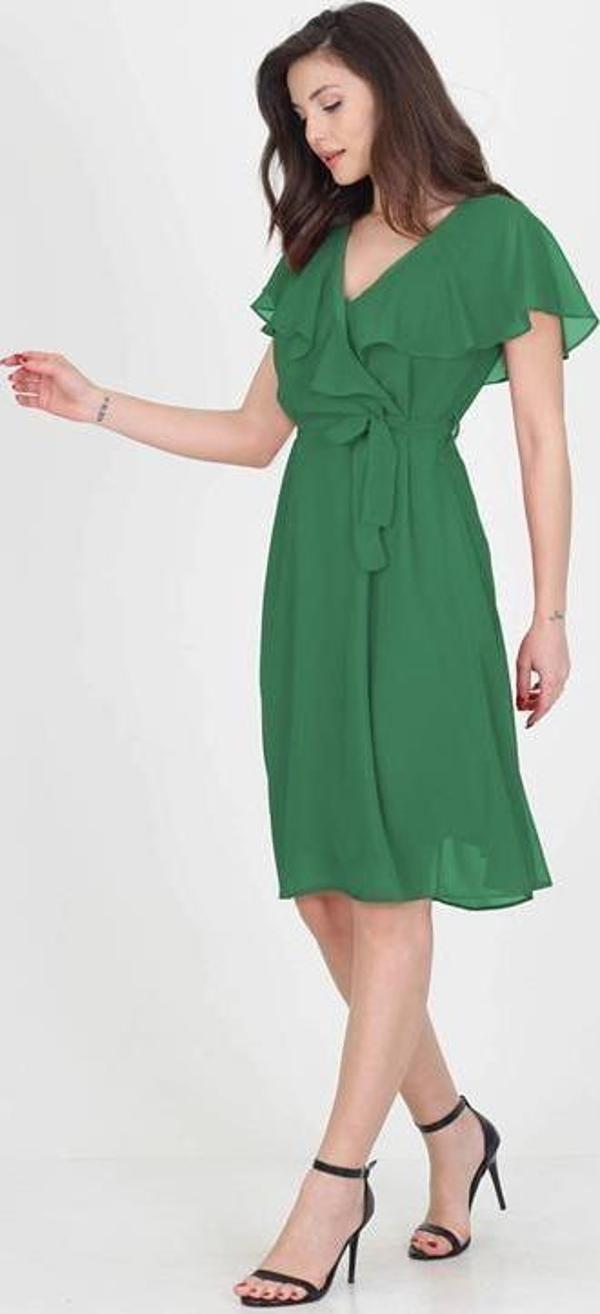 Dip Moda kadın melek kol kruvaze yaka zümrüt yeşil şifon elbise DP8081 - Image 1