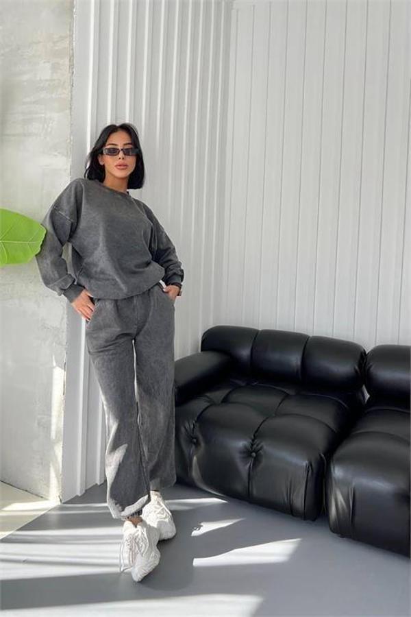 Dip Moda kadın eskitme yıkamalı üç iplik eşofman takımı GTS021 - Image 1