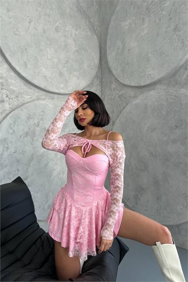 Dip Moda kadın bolero detaylı güpür prenses elbise DPDF107 - Image 1