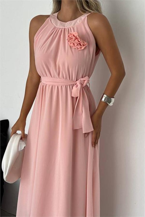 Dip Moda kadın gül broş detaylı uzun şifon elbise DPK2144 - Image 1