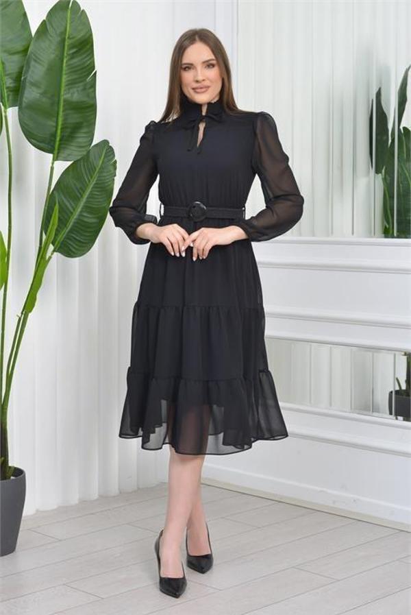 Dip Moda kadın kemerli midi boy gipeli şifon elbise DP7156 - Siyah - Image 1