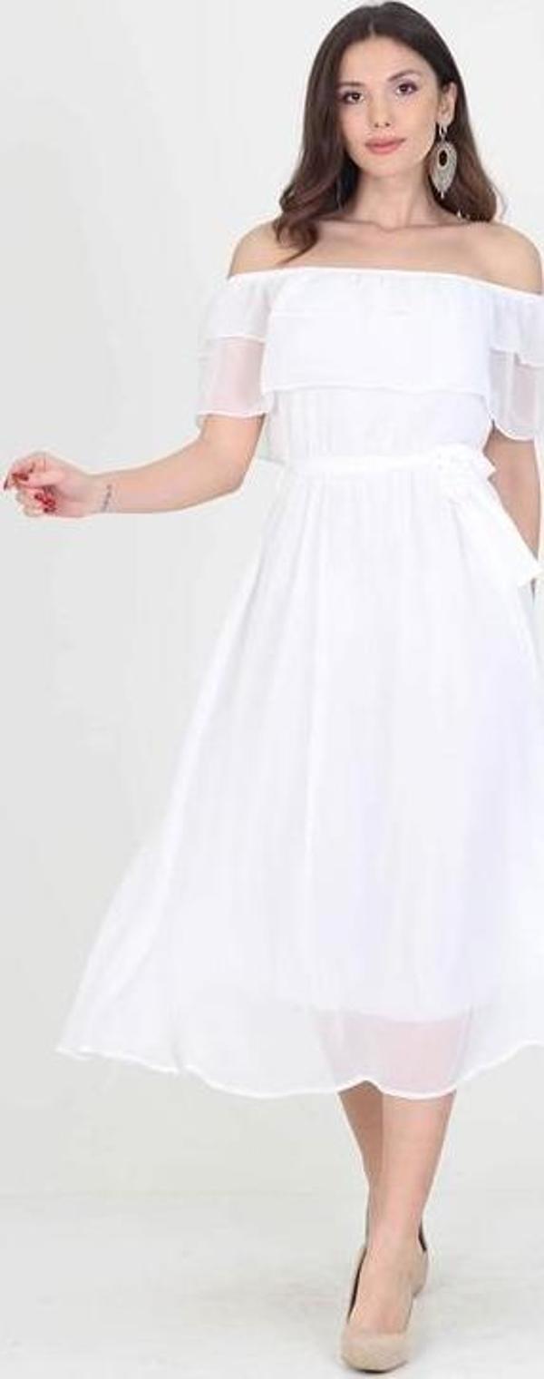 Dip Moda kadın yeni sezon madonna yaka bağlama detaylı şifon elbise RY8060 - Image 1