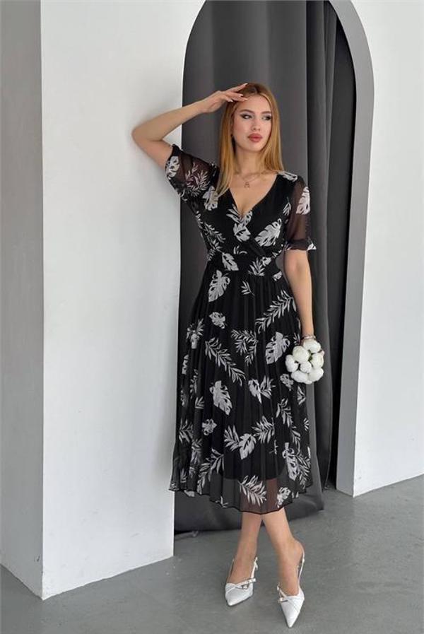 Dip Moda kadın siyah yeni sezon piliseli yazlık şifon elbise DPQ005 - Image 1