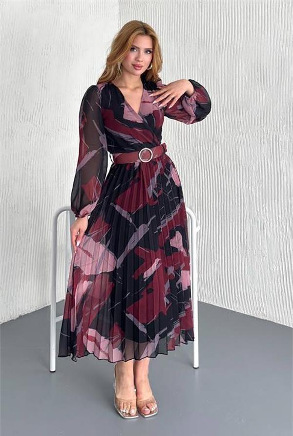 Dip Moda kadın kemerli kruvaze yaka desenli şifon elbise DPK20302 - Image 1