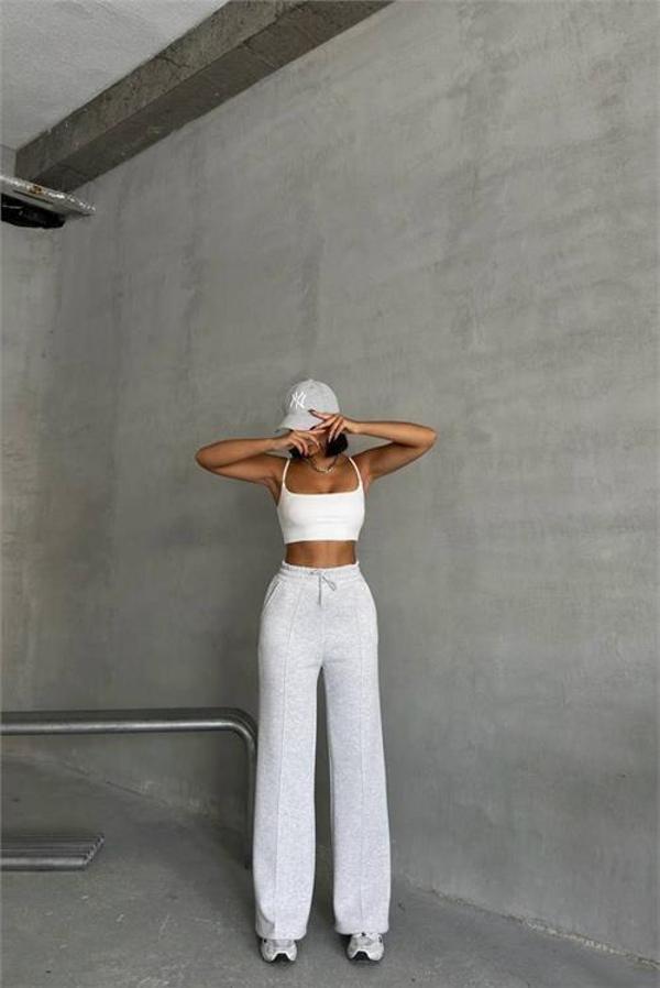 Dip Moda kadın açık gri cepli bol paça pamuklu eşofman altı DPG042 - Image 1