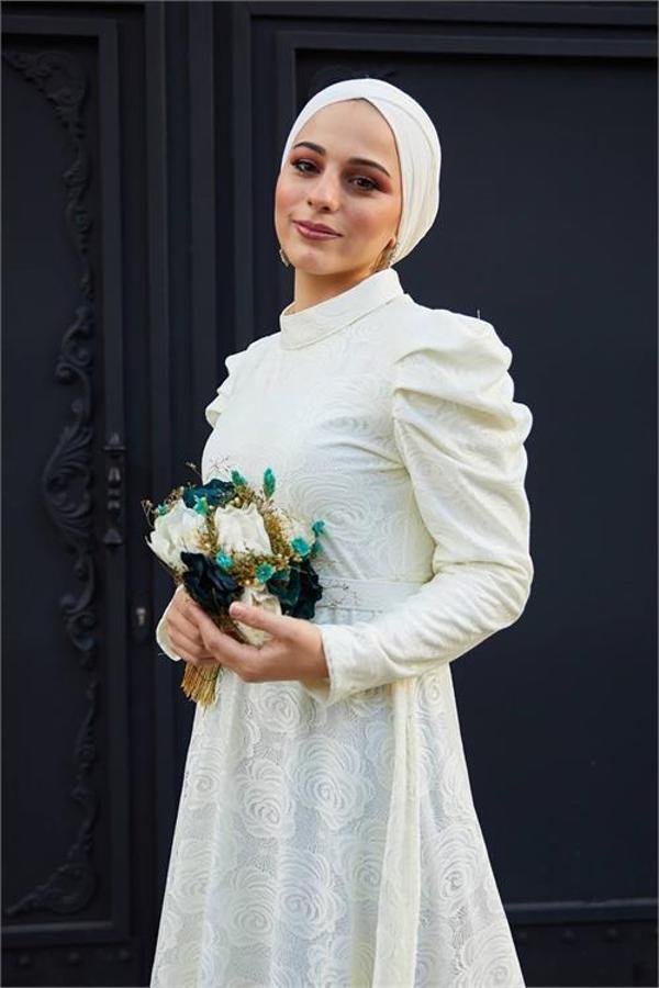 Dip Moda kadın abiye güpür ve omuz detaylı tesettür elbise SMS006 - Image 1