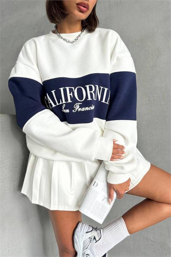 Dip Moda kadın lacivert bisiklet yaka california sweat DPG038 - Image 1