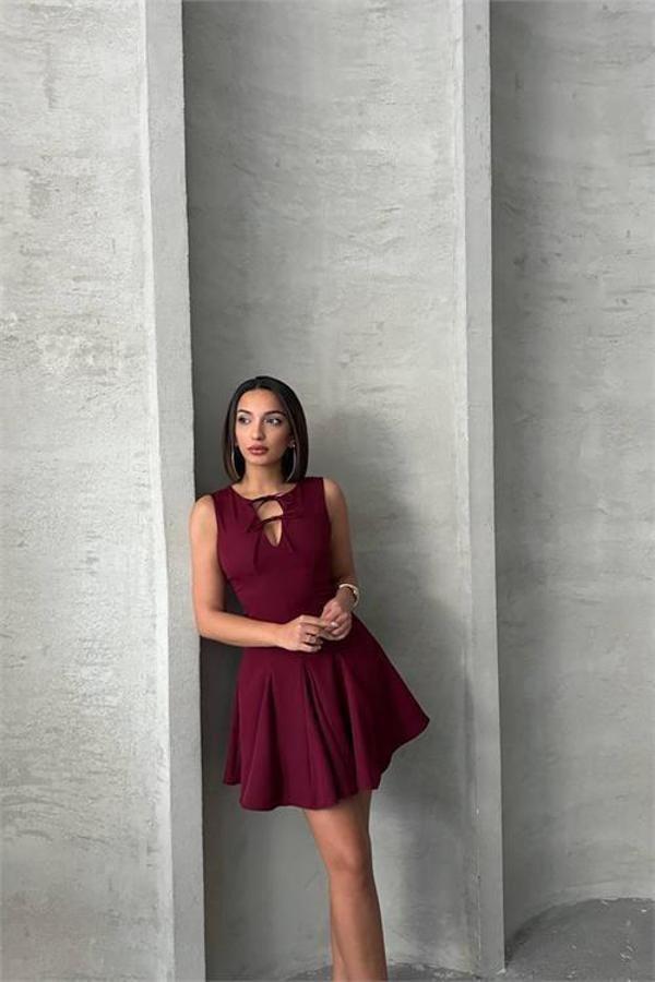 Dip Moda kadın yakası bağlama detaylı likralı mini elbise DPG084 - Image 1