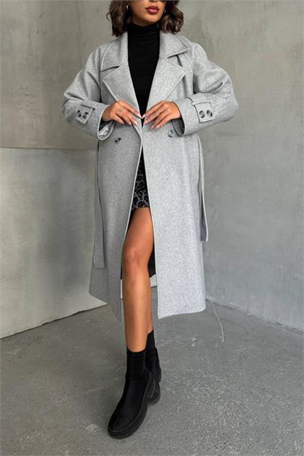 Dip Moda kadın astarlı gri melanj ithal kaşe kaban DPG048 - Image 1