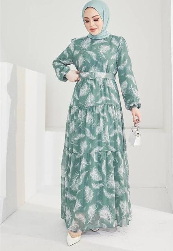 Dip Moda kadın kemerli yazlık desenli tesettür elbise SMS030 - Mint - Image 1