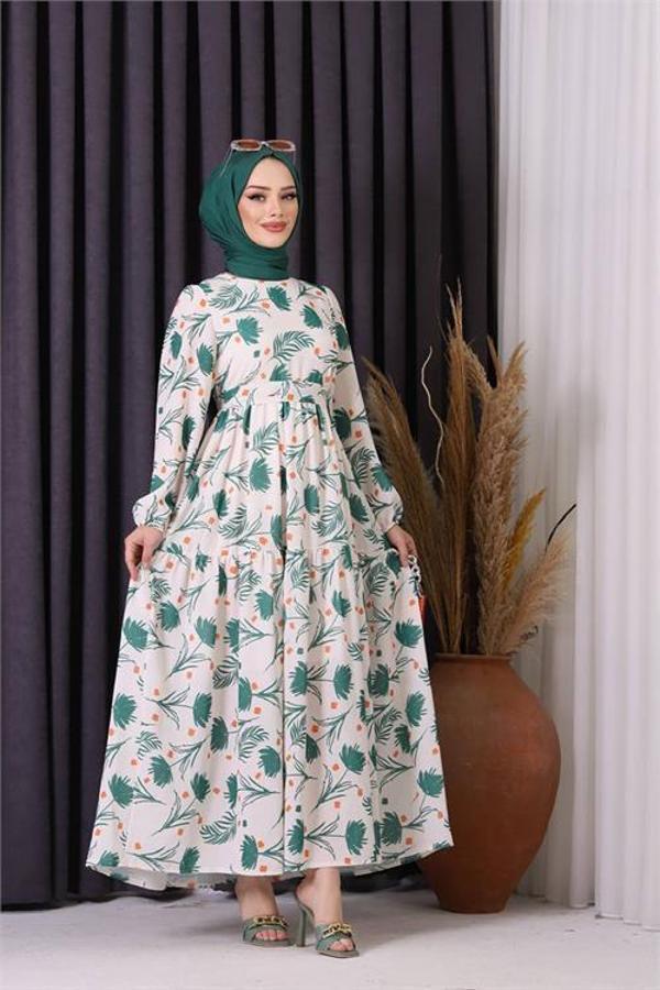 Dip Moda kadın keten desenli tesettür elbise SMS002 - Yeşil - Image 1