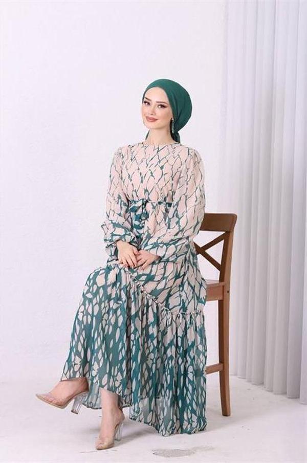 Dip Moda kadın şifon eteği fırfırlı desenli tesettür elbise SMS008 - Image 1