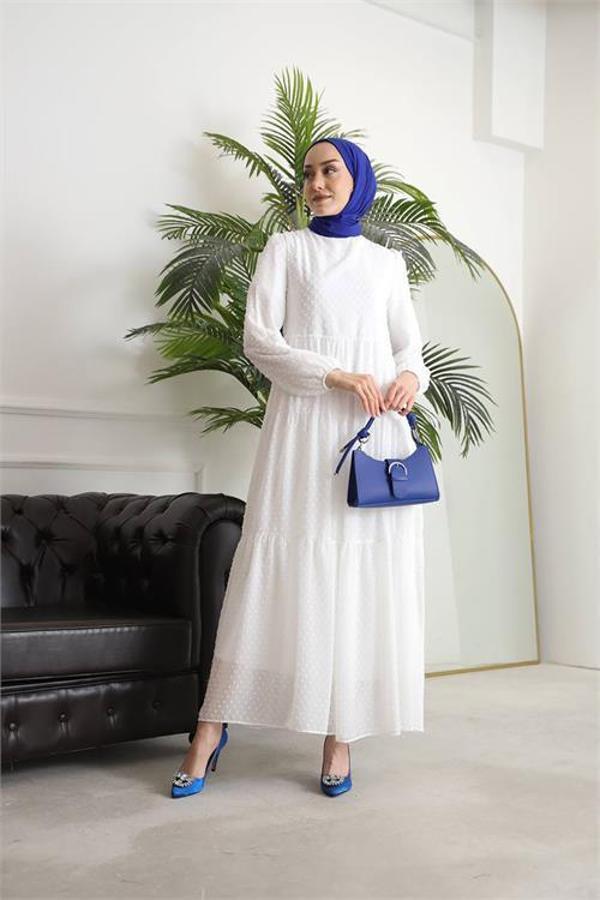 Dip Moda kadın kemerli ponpon şifon tesettür elbise SMS022 - Image 1