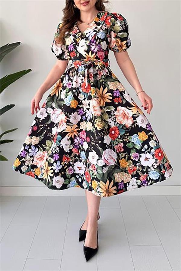 Kuşaklı poplin kumaş Çiçek desenli elbise DPMY3467 - Image 1
