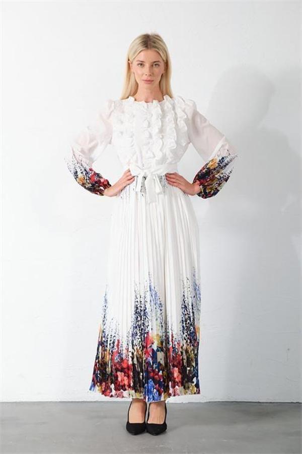 Dip Moda kadın beyaz kuşaklı tasarım elbise DPMS42156 - Image 1