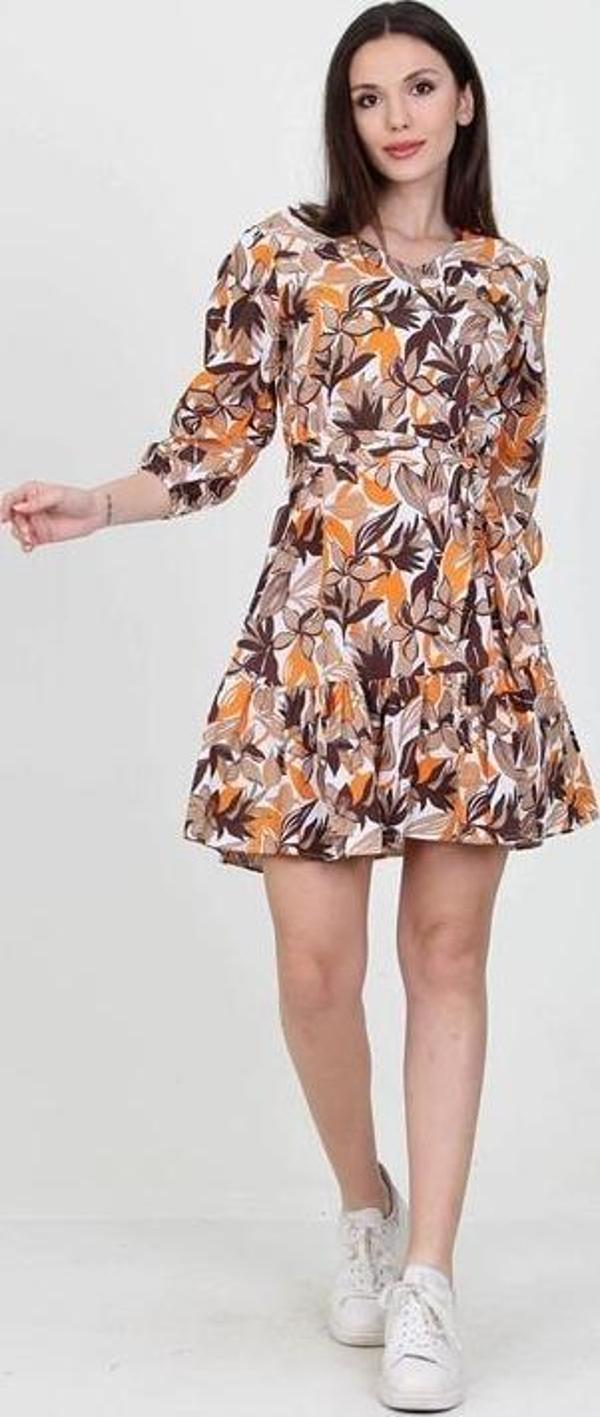 Dip Moda kadın camel v yaka bağlama detaylı çiçekli mini elbise DP10029 - Image 1