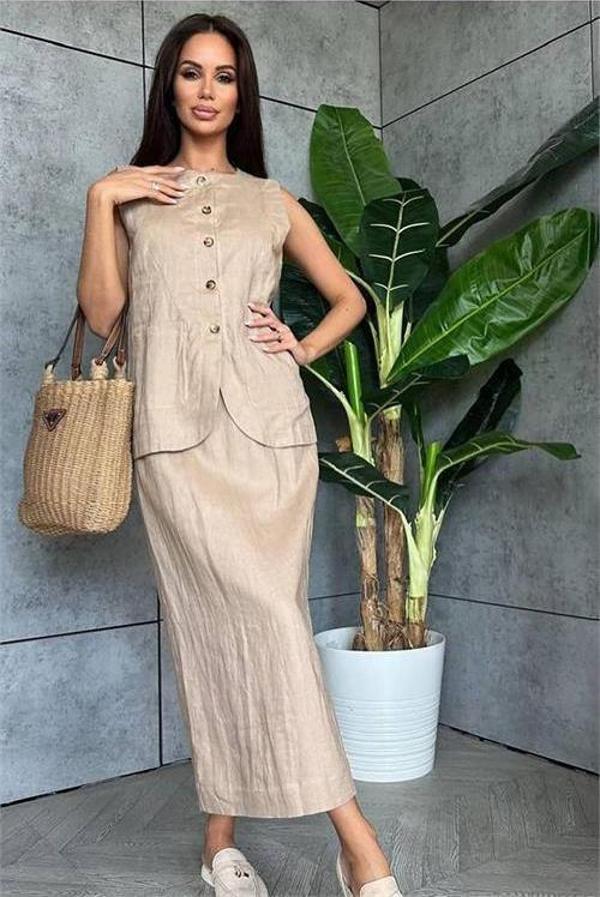 Dip Moda kadın keten etek yelek alt üst ikili takım DPEMP1072 - Image 1