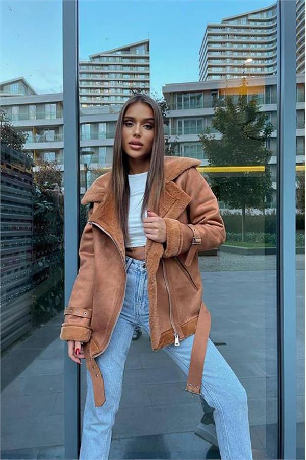 Dip Moda kadın taba içi kürklü süet ceket MYLK11 - Image 1