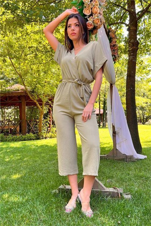 Dip Moda kadın yeşil kruvaze yaka bağlama detaylı ayrobin tulum DP10049 - Image 1