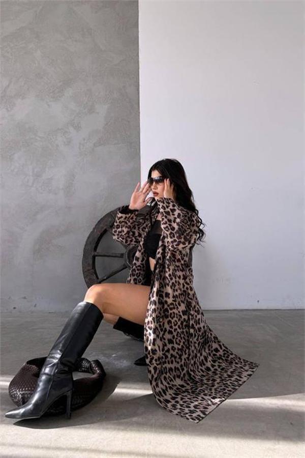 Dip Moda kadın leopar desenli midi boy trençkot DPMYLK31 - Image 1