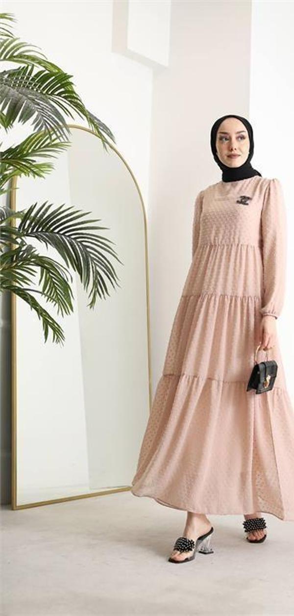 Dip Moda kadın kemerli ponpon şifon tesettür elbise SMS022 - Image 1