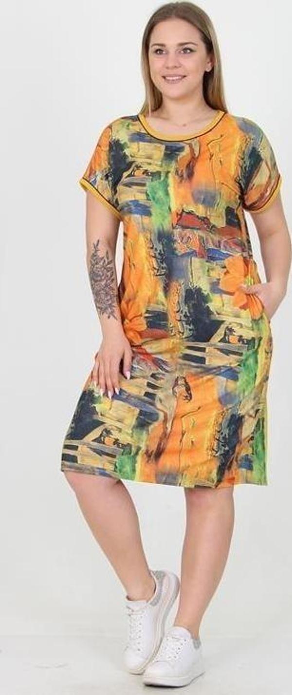 Dip Moda kadın sarı yeni sezon cepli büyük beden viskon elbise AYSL28 - Image 1