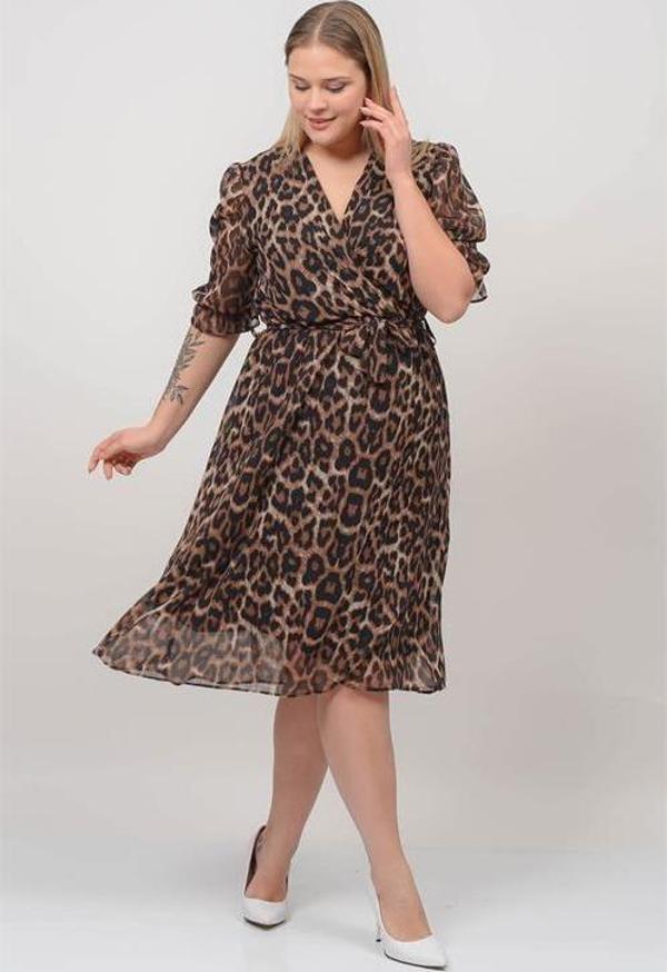 Dip Moda kadın kruvaze yaka midi boy büyük beden leopar Desenli şifon elbise DP80622 - Image 1