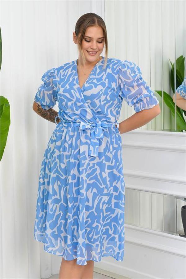 Dip Moda kadın büyük beden desenli şifon elbise DP8063 - Mavi - Image 1