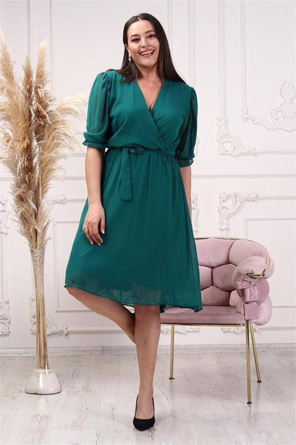 Dip Moda kadın yeşil kruvaze yaka midi boy büyük beden şifon elbise DP8062 - Image 1