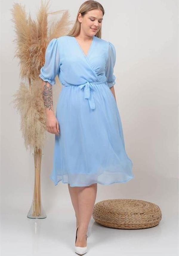 Dip Moda kadın bebe mavisi kruvaze yaka büyük beden şifon elbise DP8062 - Image 1