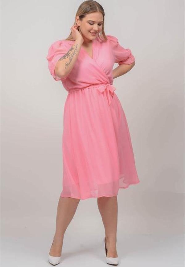 Dip Moda kadın pudra kruvaze yaka midi boy büyük beden şifon elbise DP8062 - Image 1