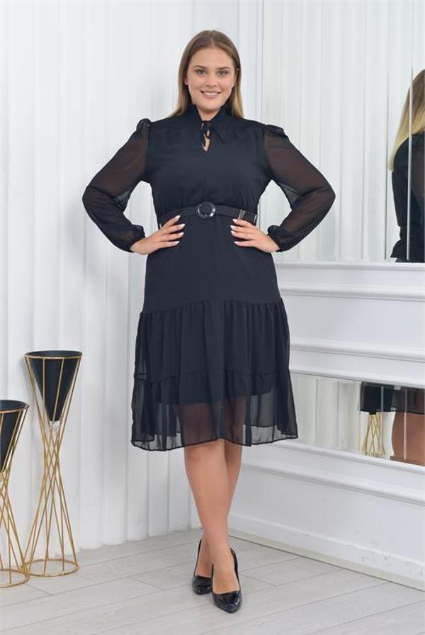 Dip Moda kadın gipeli midi boy büyük beden şifon elbise NM7156 - Image 1