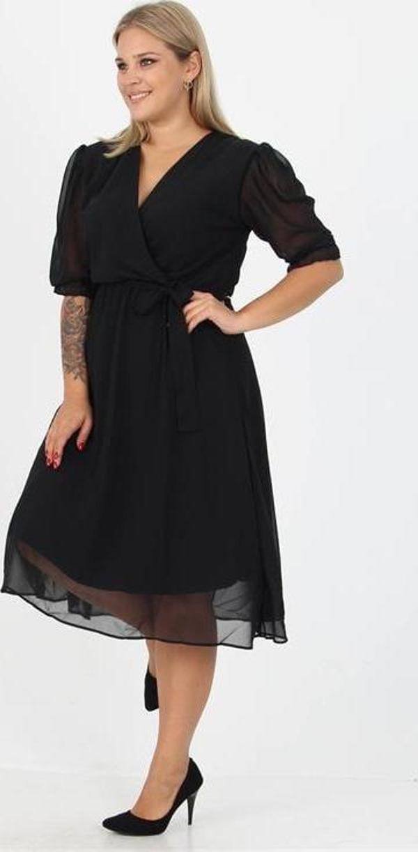 Dip Moda kadın kruvaze yaka midi boy büyük beden şifon elbise DP8062 - Image 1