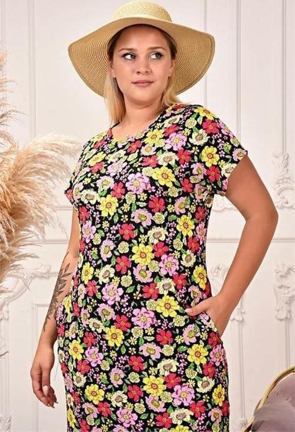 Dip Moda kadın büyük beden çiçek desenli viskon elbise AYSL71 - Image 1