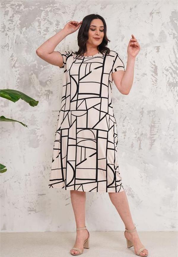 Dip Moda kadın bej cepli büyük beden viskon elbise DPA003 - Image 1