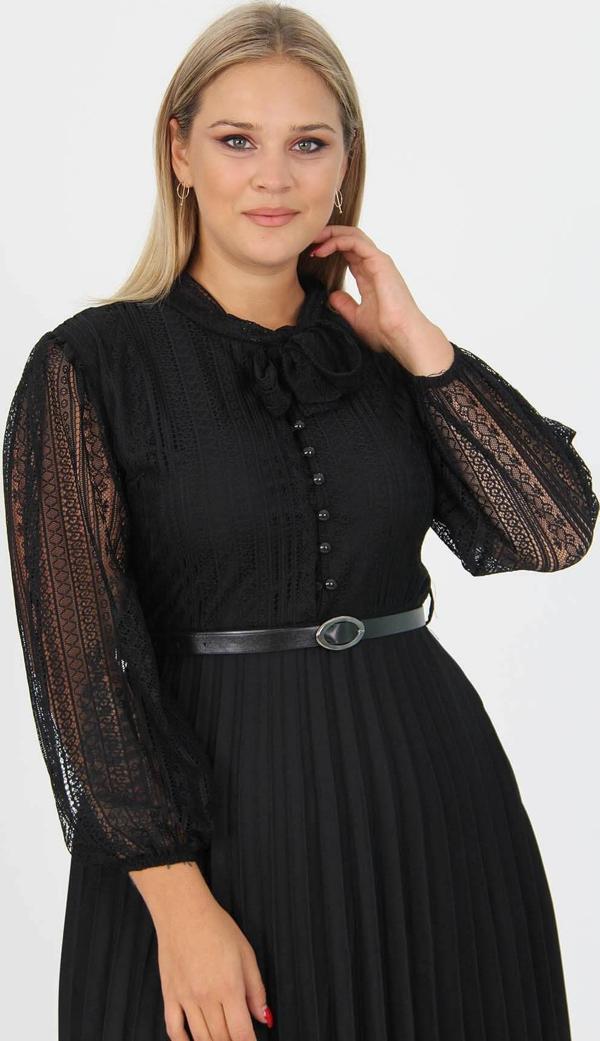 Dip Moda kadın piliseli dantel elbise APCX28 - Siyah - Image 1