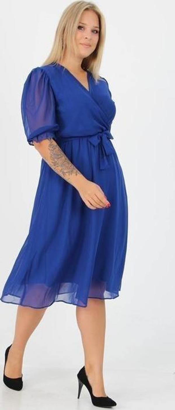 Dip Moda kadın kruvaze yaka midi boy büyük beden şifon elbise DP8062 - Image 1
