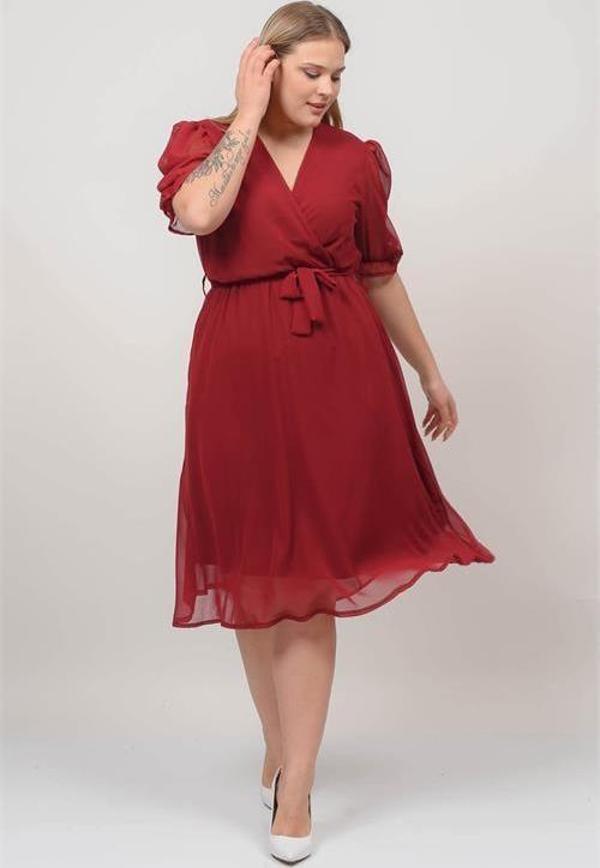 Dip Moda kadın kruvaze yaka midi boy büyük beden şifon elbise DP8062 - Image 1